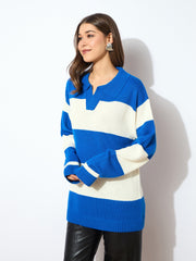 Women Blue And White Polo Neck Sweater-SFSWSH7596