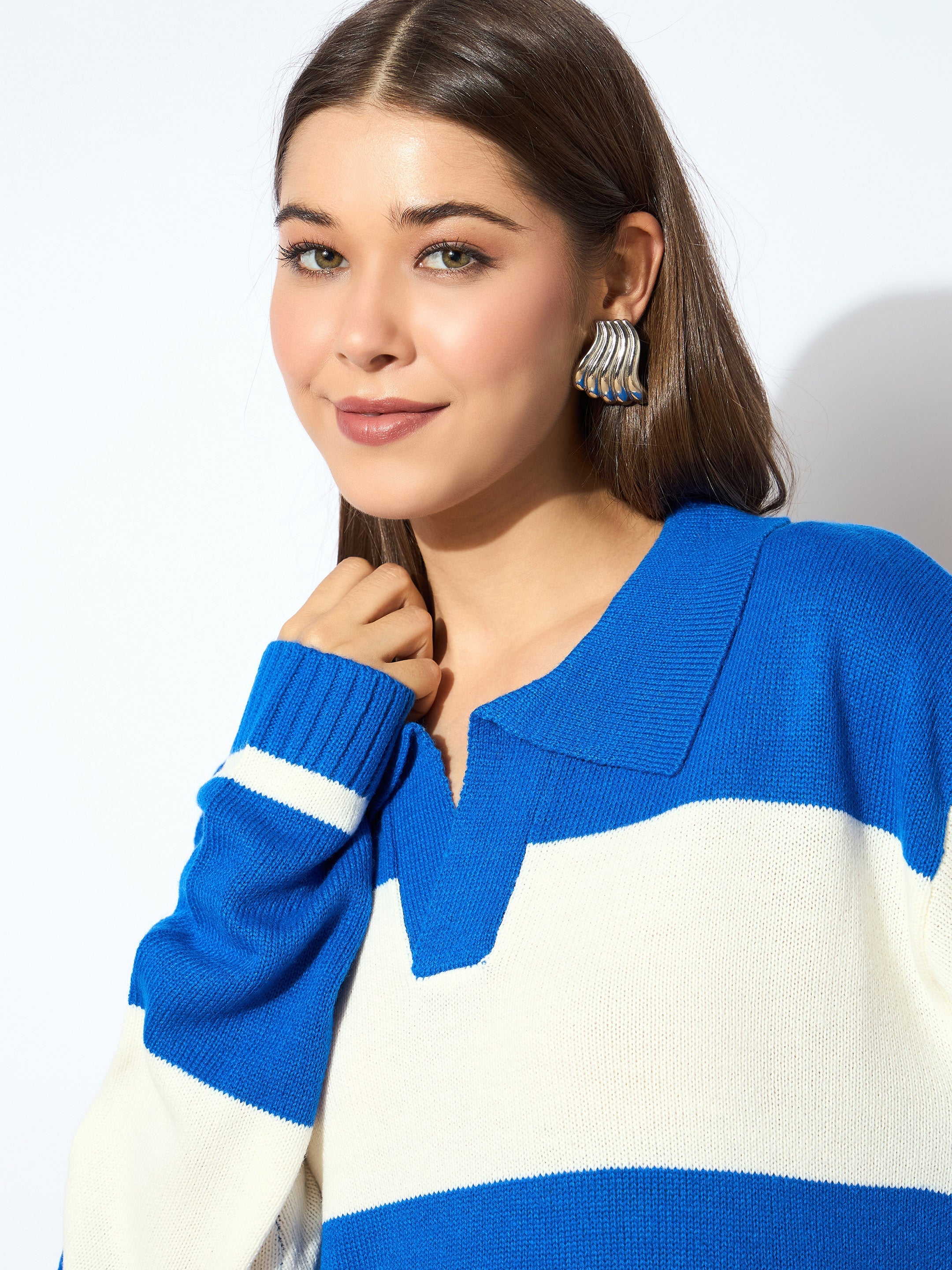 Women Blue And White Polo Neck Sweater-SFSWSH7596