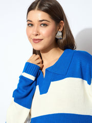 Women Blue And White Polo Neck Sweater-SFSWSH7596