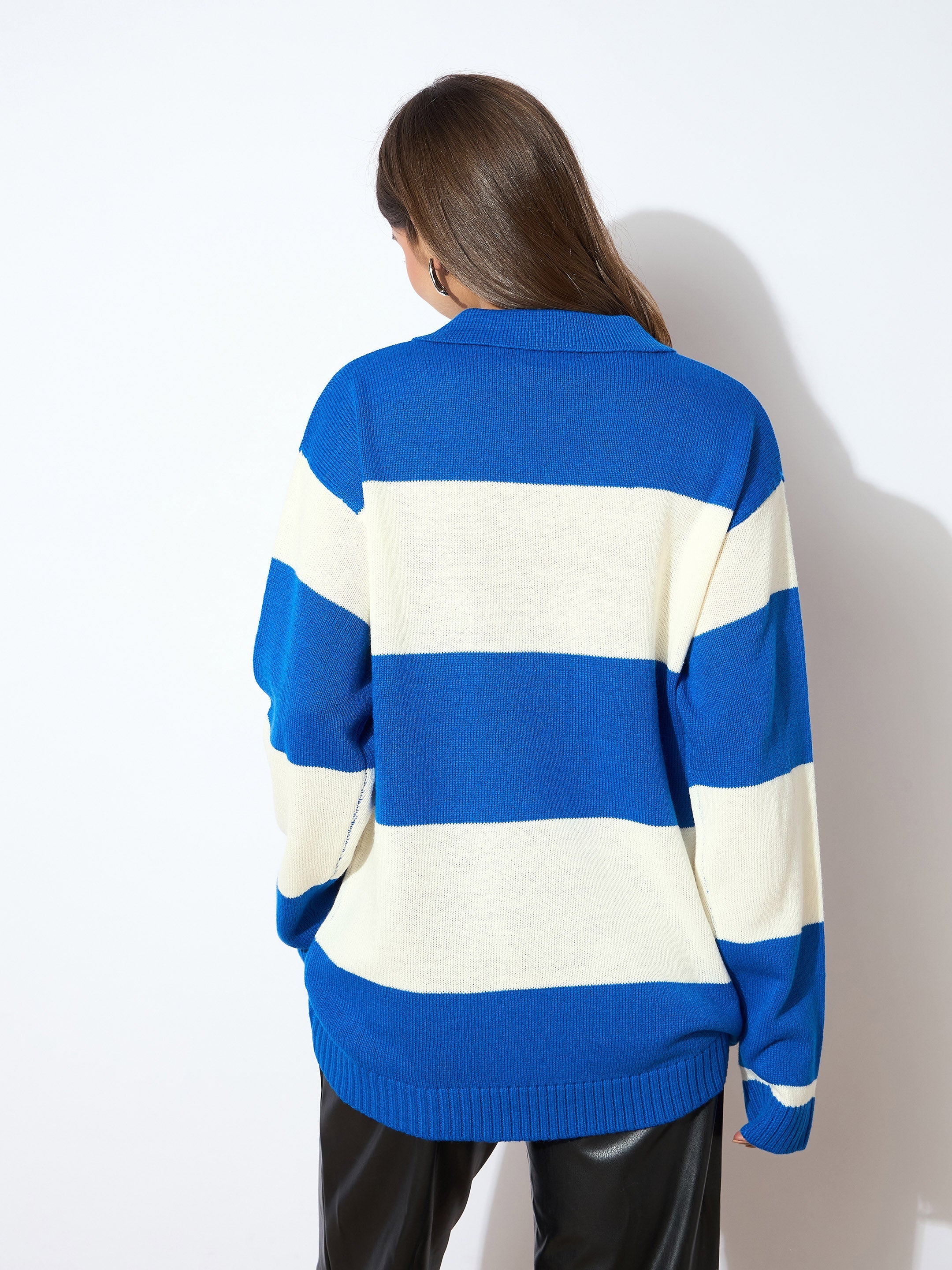 Women Blue And White Polo Neck Sweater-SFSWSH7596