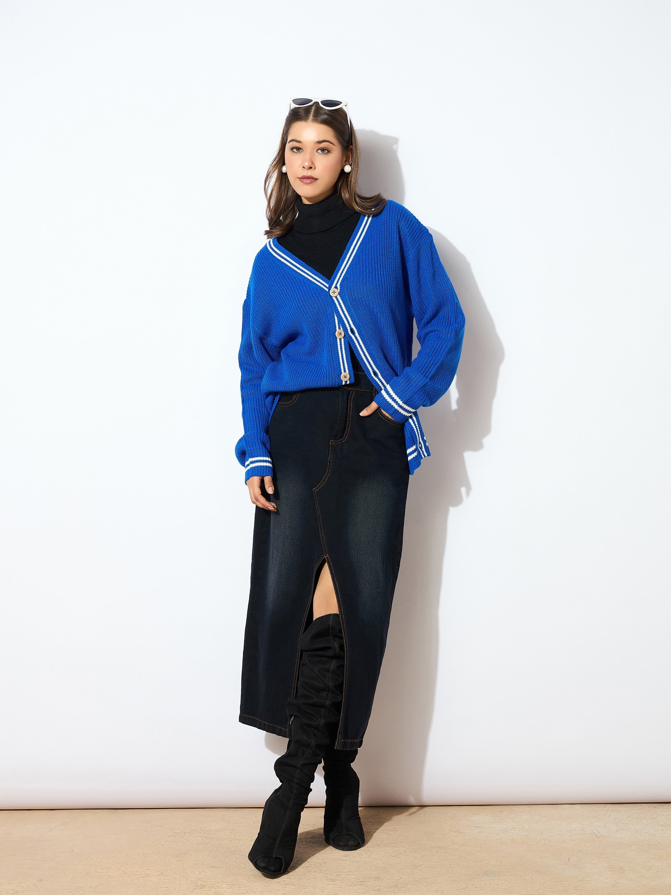 Women Blue Front Button Oversized Cardigan-SFSWSH7599