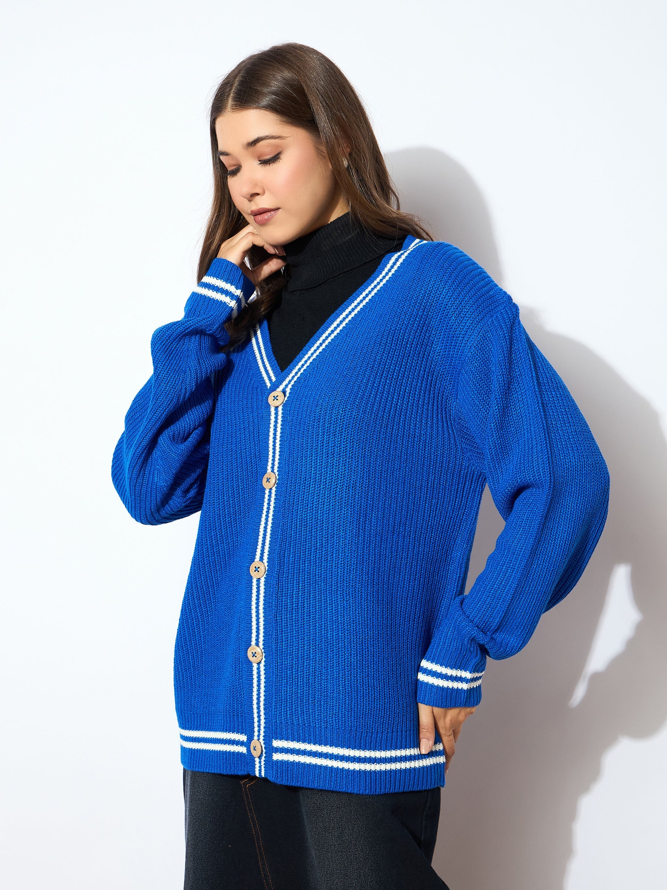 Women Blue Front Button Oversized Cardigan-SFSWSH7599