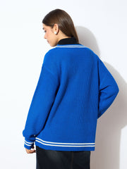 Women Blue Front Button Oversized Cardigan-SFSWSH7599