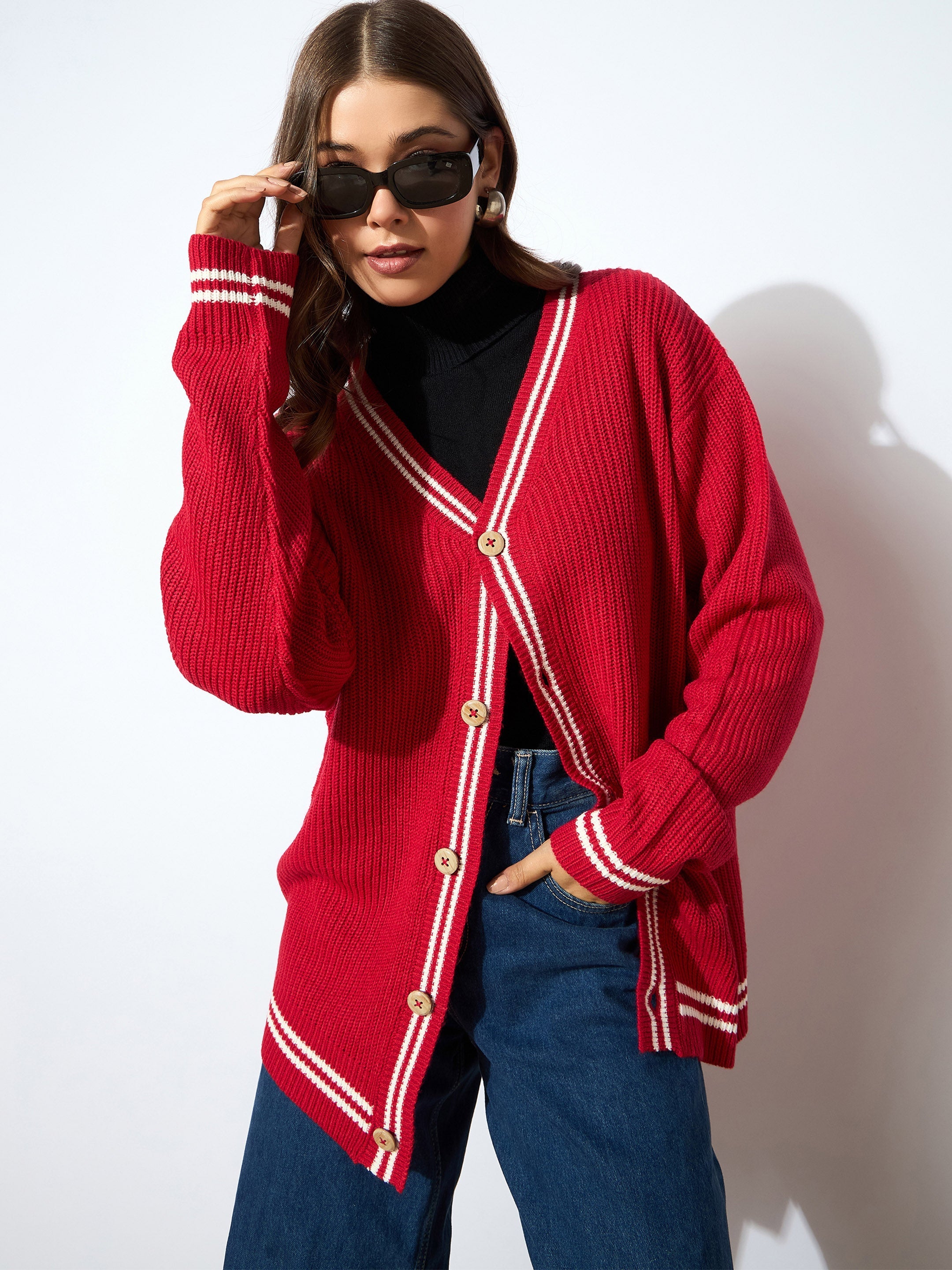 Women Red Front Button Oversized Cardigan-SFSWSH7600