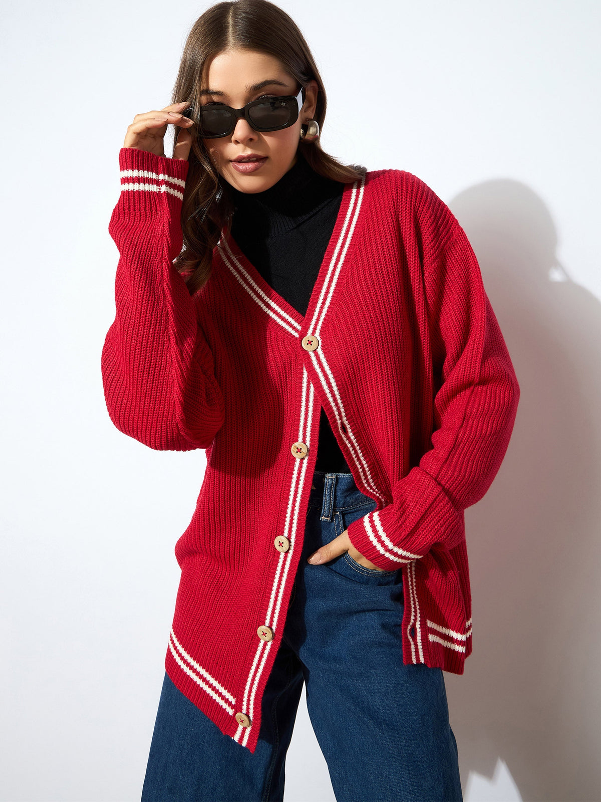 Women Red Front Button Oversized Cardigan-SFSWSH7600