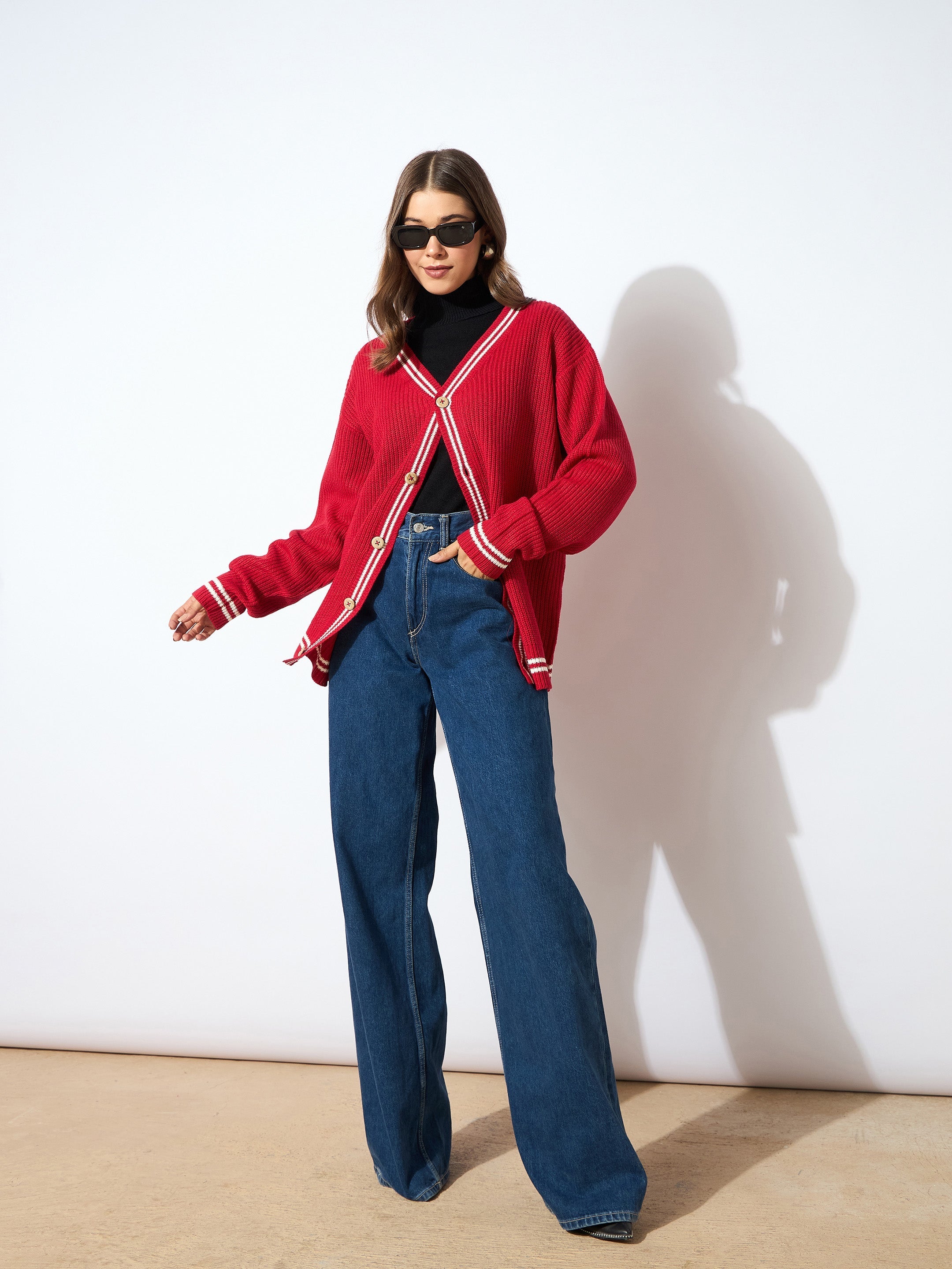 Women Red Front Button Oversized Cardigan-SFSWSH7600