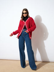 Women Red Front Button Oversized Cardigan-SFSWSH7600