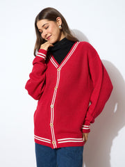 Women Red Front Button Oversized Cardigan-SFSWSH7600