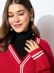 Women Red Front Button Oversized Cardigan-SFSWSH7600