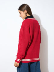 Women Red Front Button Oversized Cardigan-SFSWSH7600