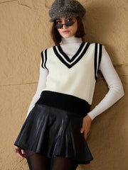 Women Black & White Striped V-Neck Sweater Vest-SFSWSH7607
