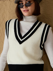 Women Black & White Striped V-Neck Sweater Vest-SFSWSH7607