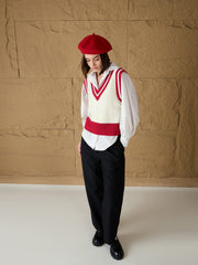 Women Red & White Striped V-Neck Sweater Vest-SFSWSH7608