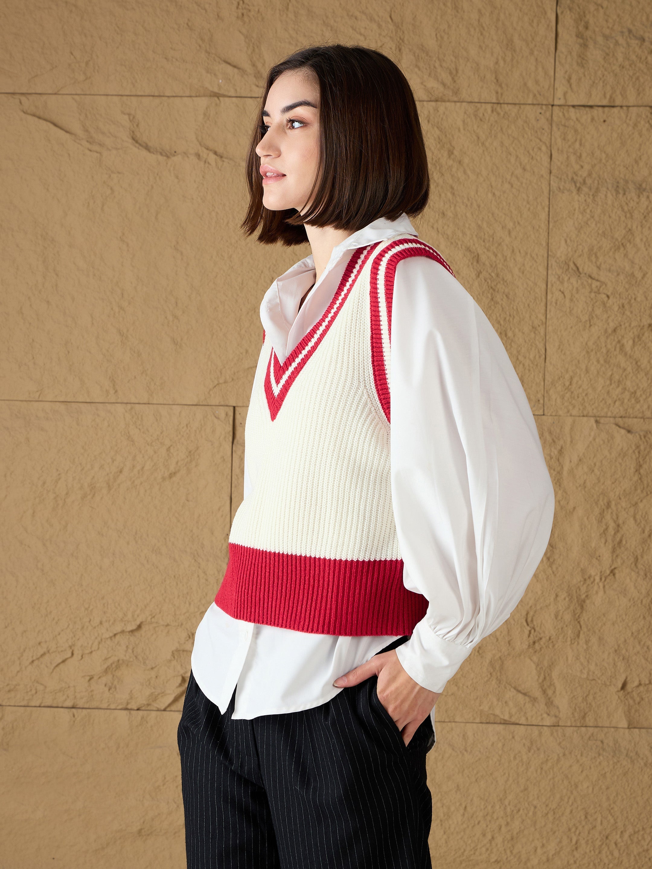 Women Red & White Striped V-Neck Sweater Vest-SFSWSH7608