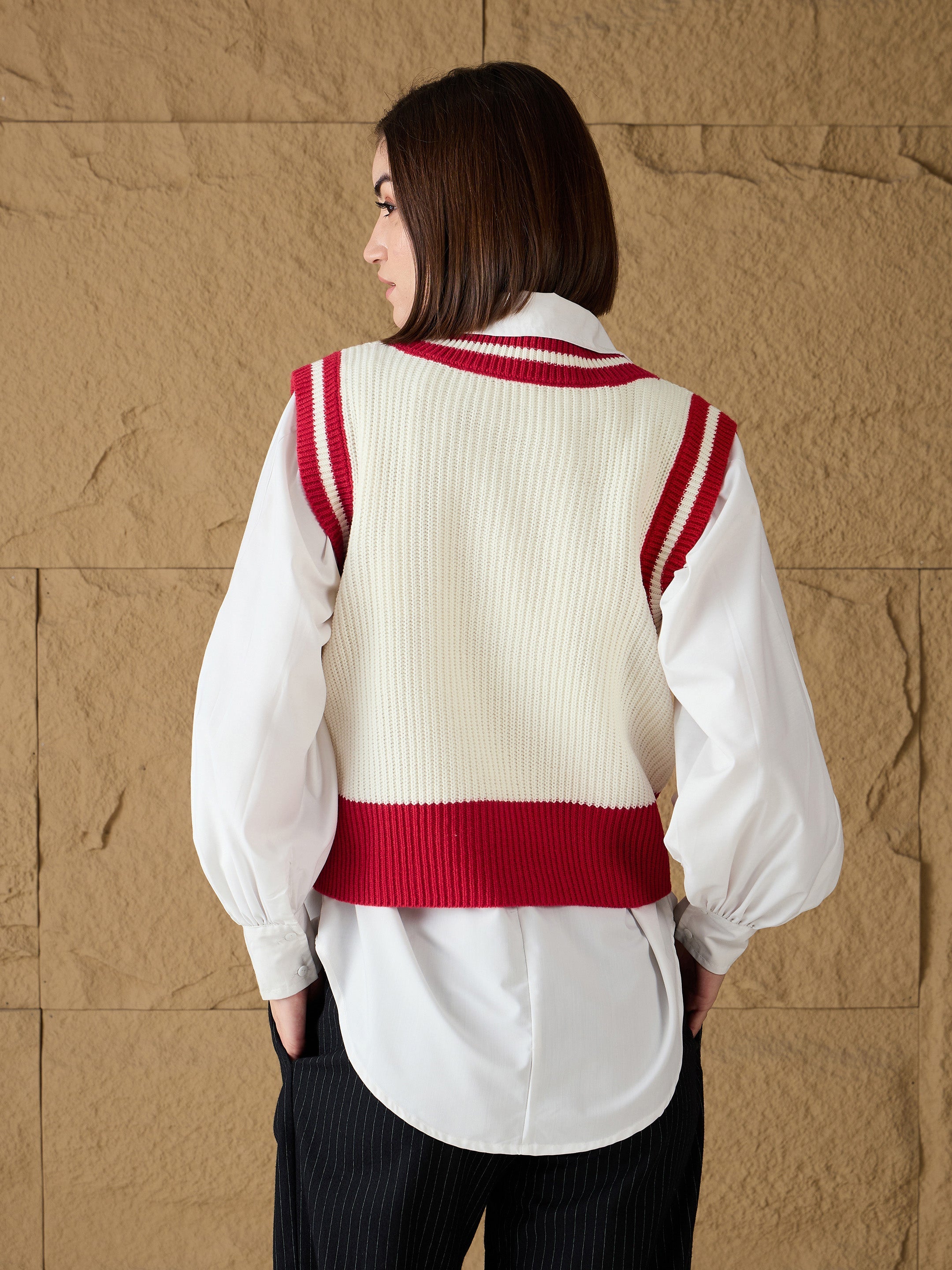 Women Red & White Striped V-Neck Sweater Vest-SFSWSH7608