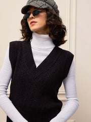 Women Black Solid V-Neck Sweater Vest-SFSWSH7610