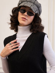 Women Black Solid V-Neck Sweater Vest-SFSWSH7610