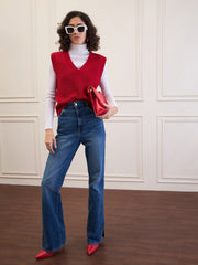 Women Red Solid V-Neck Sweater Vest-SFSWSH7611