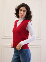 Women Red Solid V-Neck Sweater Vest-SFSWSH7611