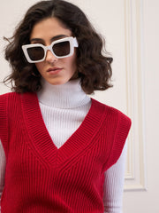 Women Red Solid V-Neck Sweater Vest-SFSWSH7611