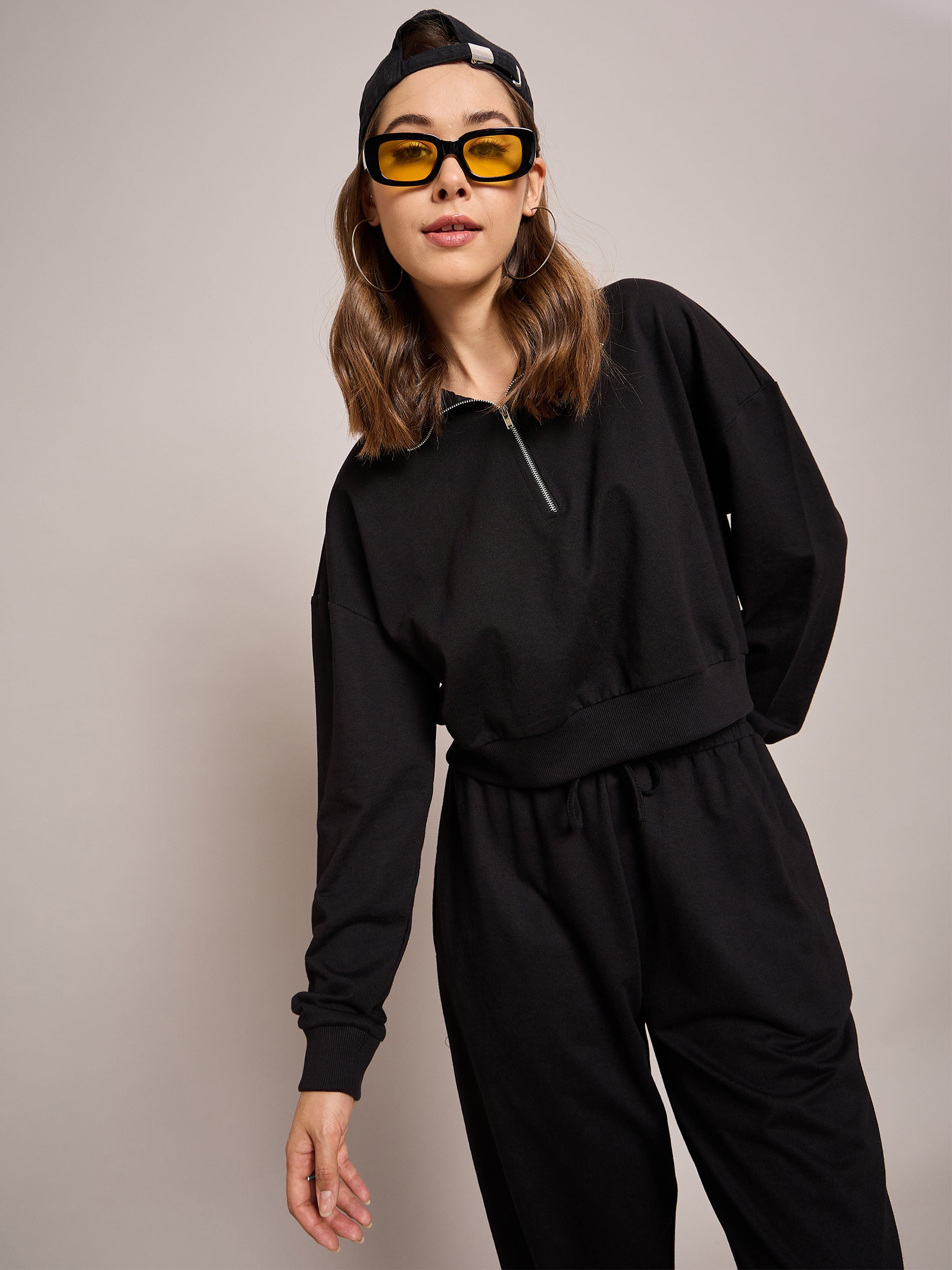 Women Black Terry Oversized Zipper Sweatshirt-SFSWSH7630