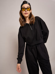 Women Black Terry Oversized Zipper Sweatshirt-SFSWSH7630
