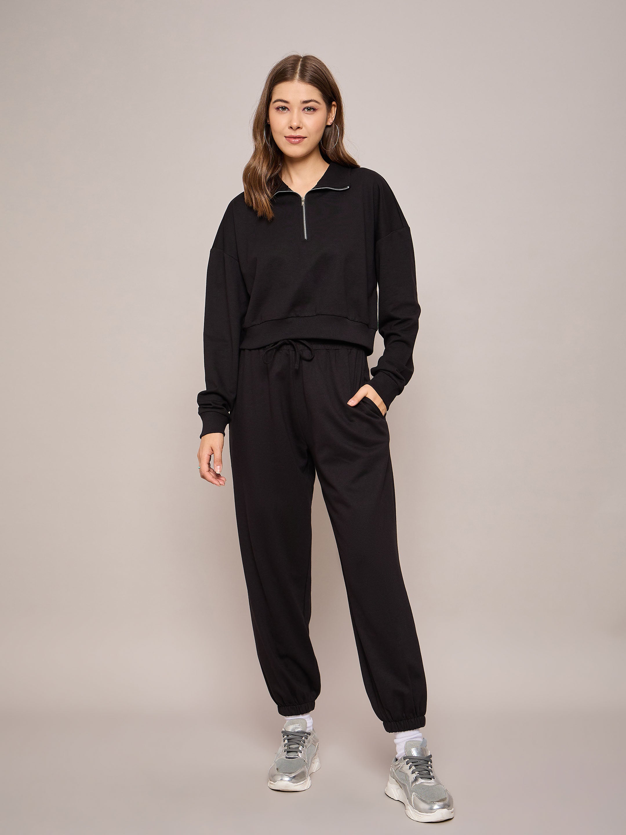 Women Black Terry Oversized Zipper Sweatshirt-SFSWSH7630
