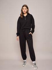 Women Black Terry Oversized Zipper Sweatshirt-SFSWSH7630