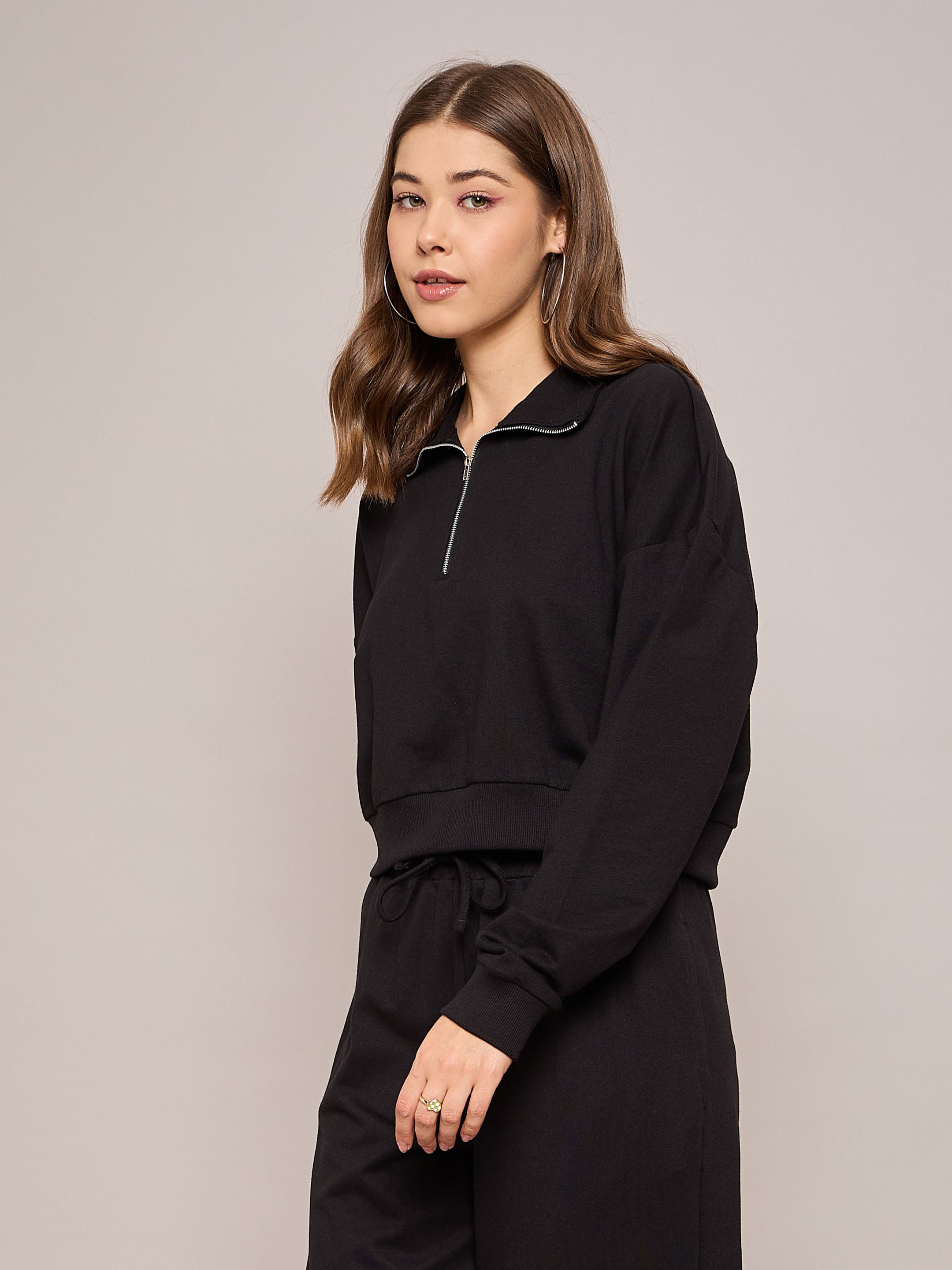 Women Black Terry Oversized Zipper Sweatshirt-SFSWSH7630