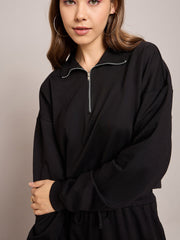 Women Black Terry Oversized Zipper Sweatshirt-SFSWSH7630