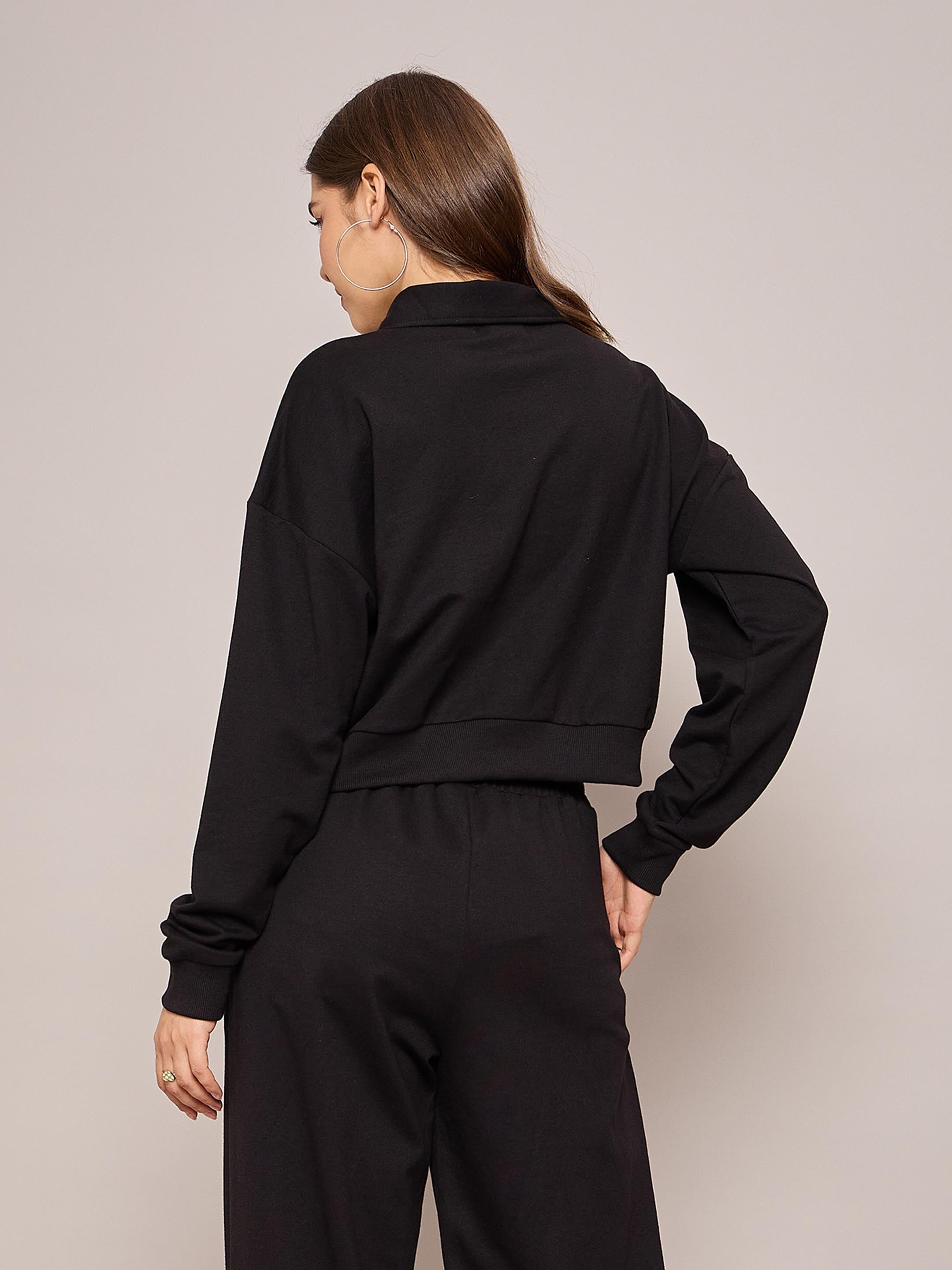 Women Black Terry Oversized Zipper Sweatshirt-SFSWSH7630