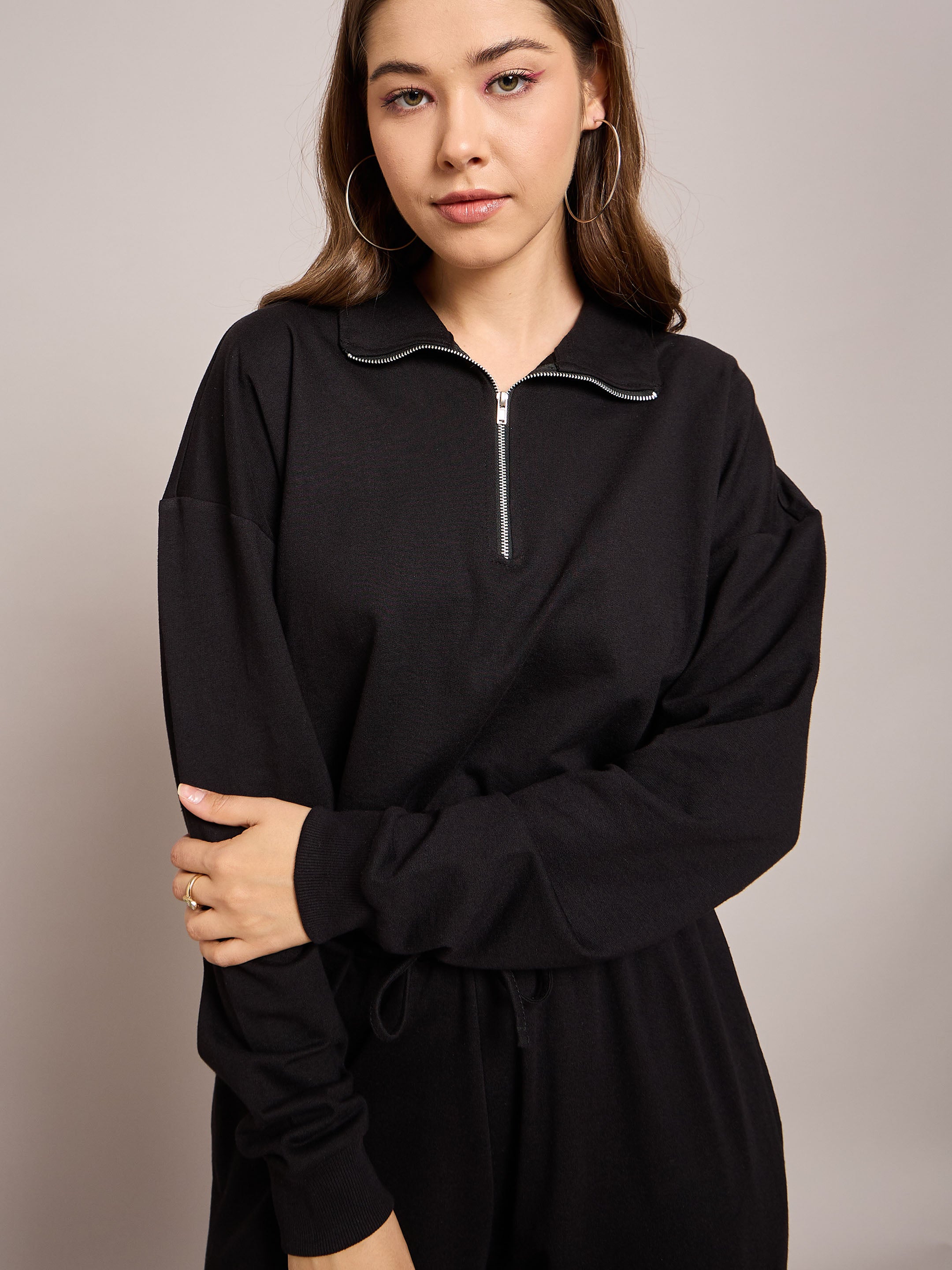 Women Black Terry Oversized Zipper Sweatshirt With Baggy Joggers-SFSWSH7630_SFPANT50991