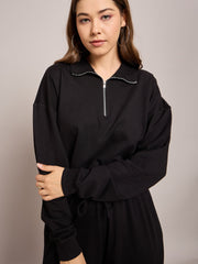 Women Black Terry Oversized Zipper Sweatshirt With Baggy Joggers-SFSWSH7630_SFPANT50991