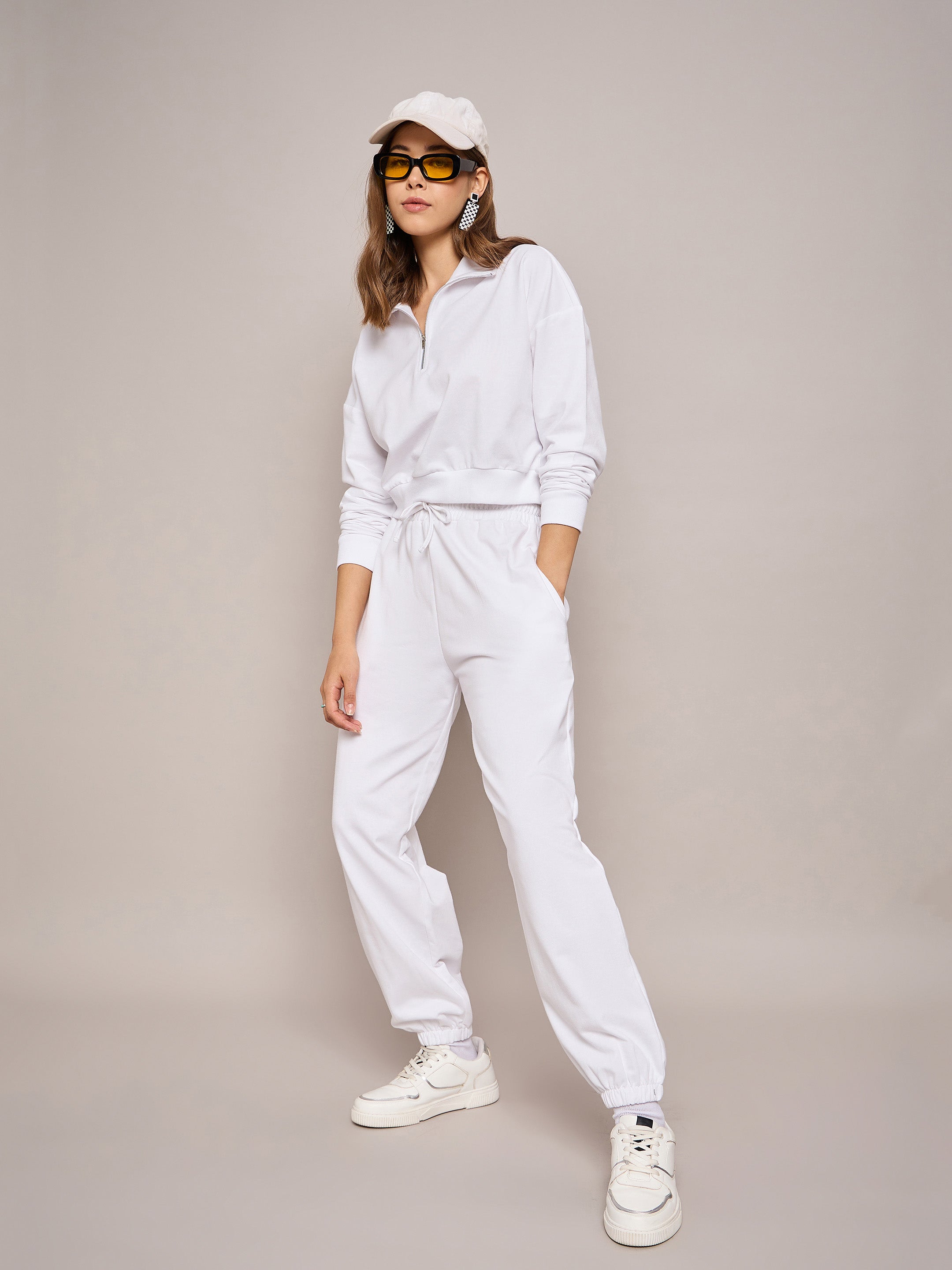 Women White Terry Oversized Zipper Sweatshirt With Baggy Joggers-SFSWSH7631_SFPANT50992