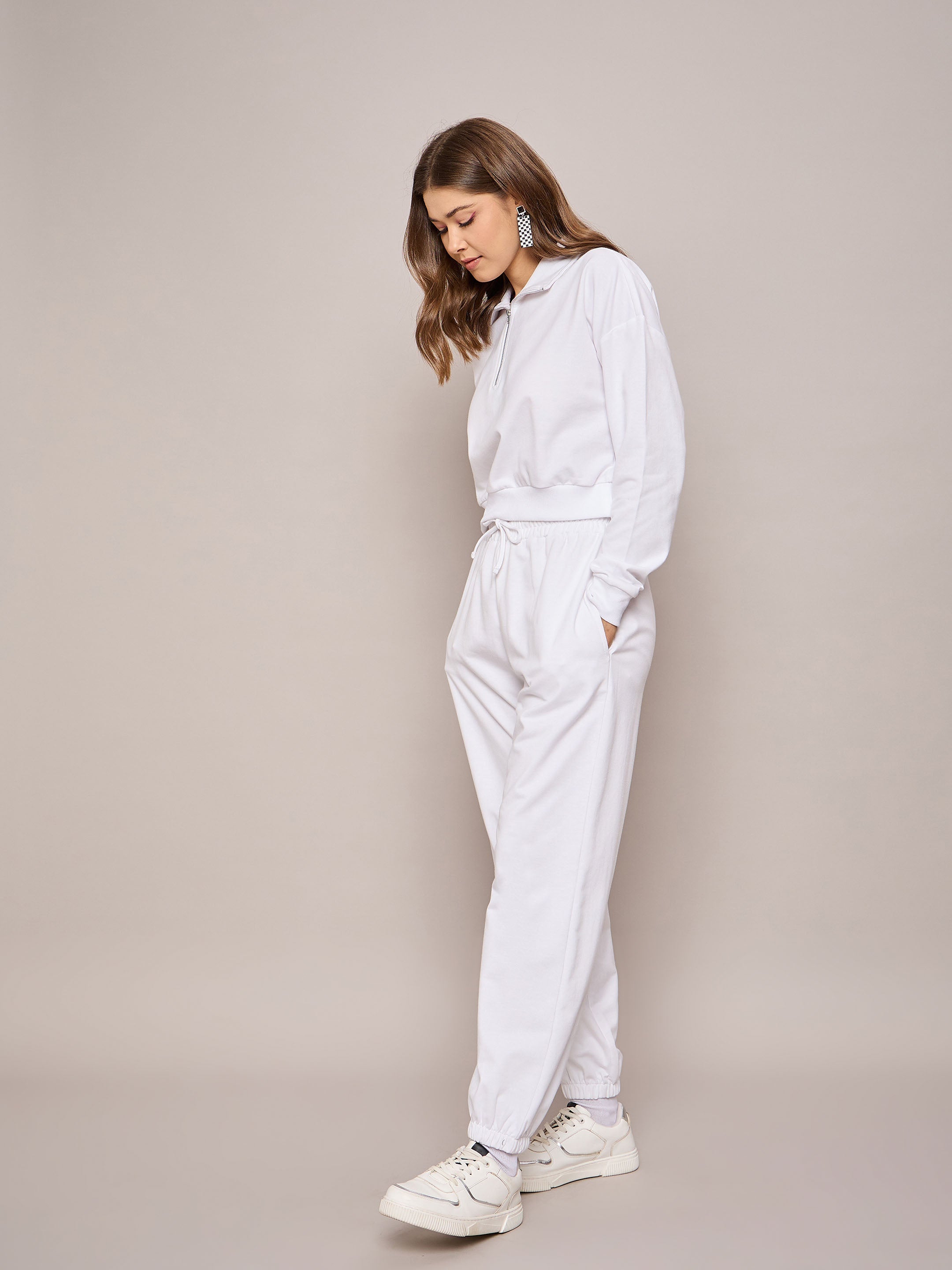 Women White Terry Oversized Zipper Sweatshirt With Baggy Joggers-SFSWSH7631_SFPANT50992