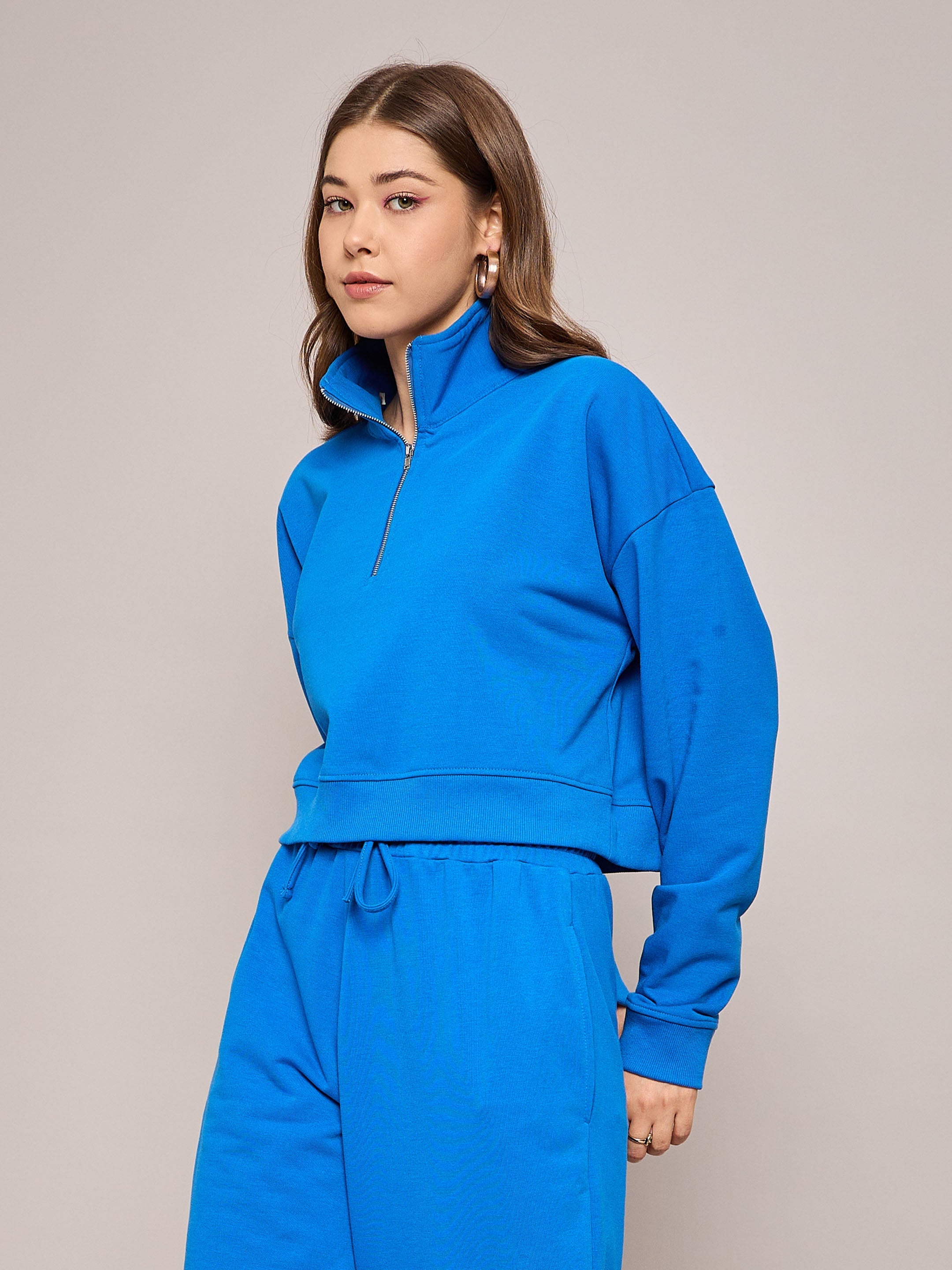 Women Royal Blue Terry Oversized Zipper Sweatshirt-SFSWSH7633