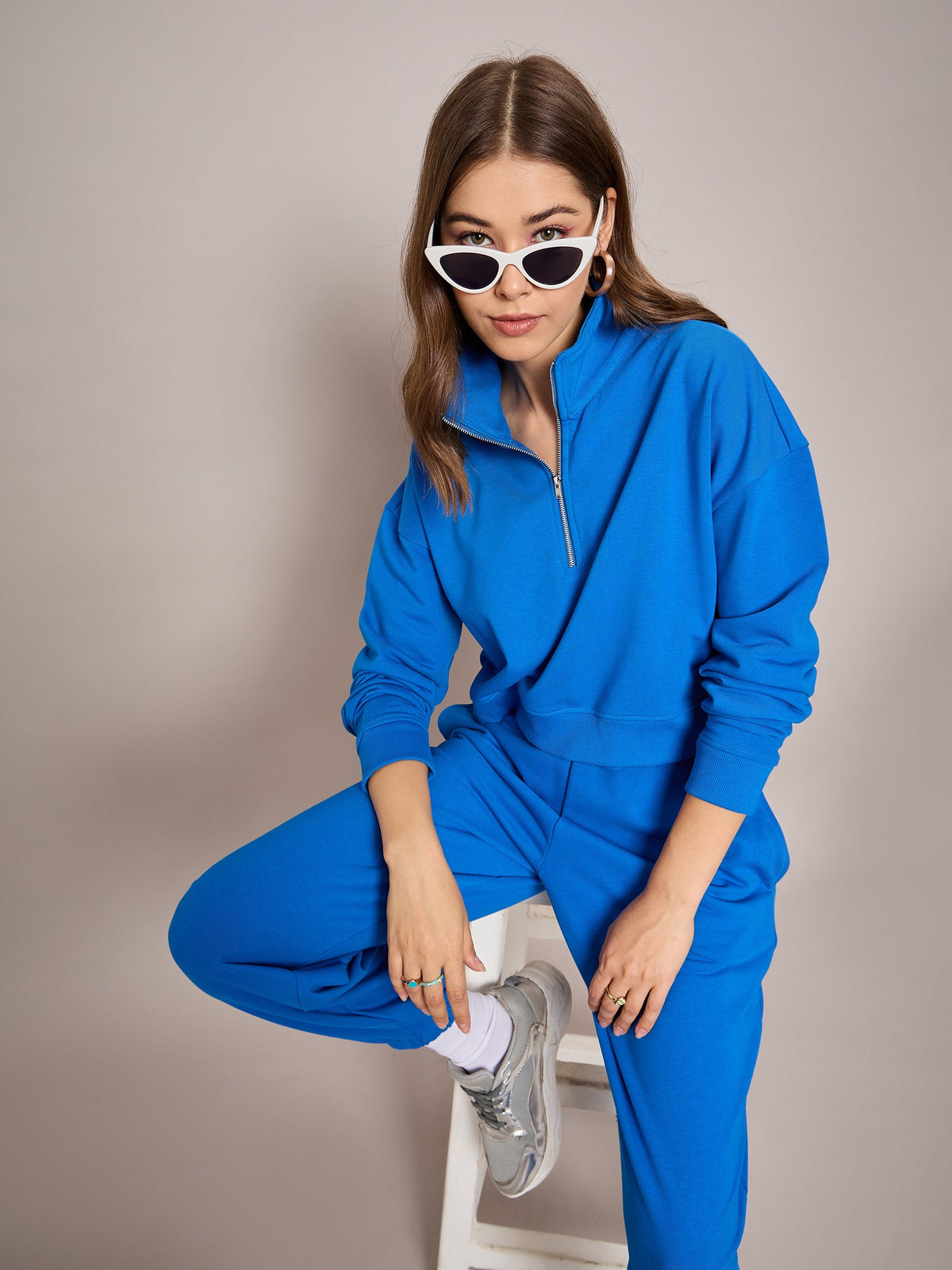 Women Royal Blue Terry Oversized Zipper Sweatshirt With Baggy Joggers-SFSWSH7633_SFPANT50994