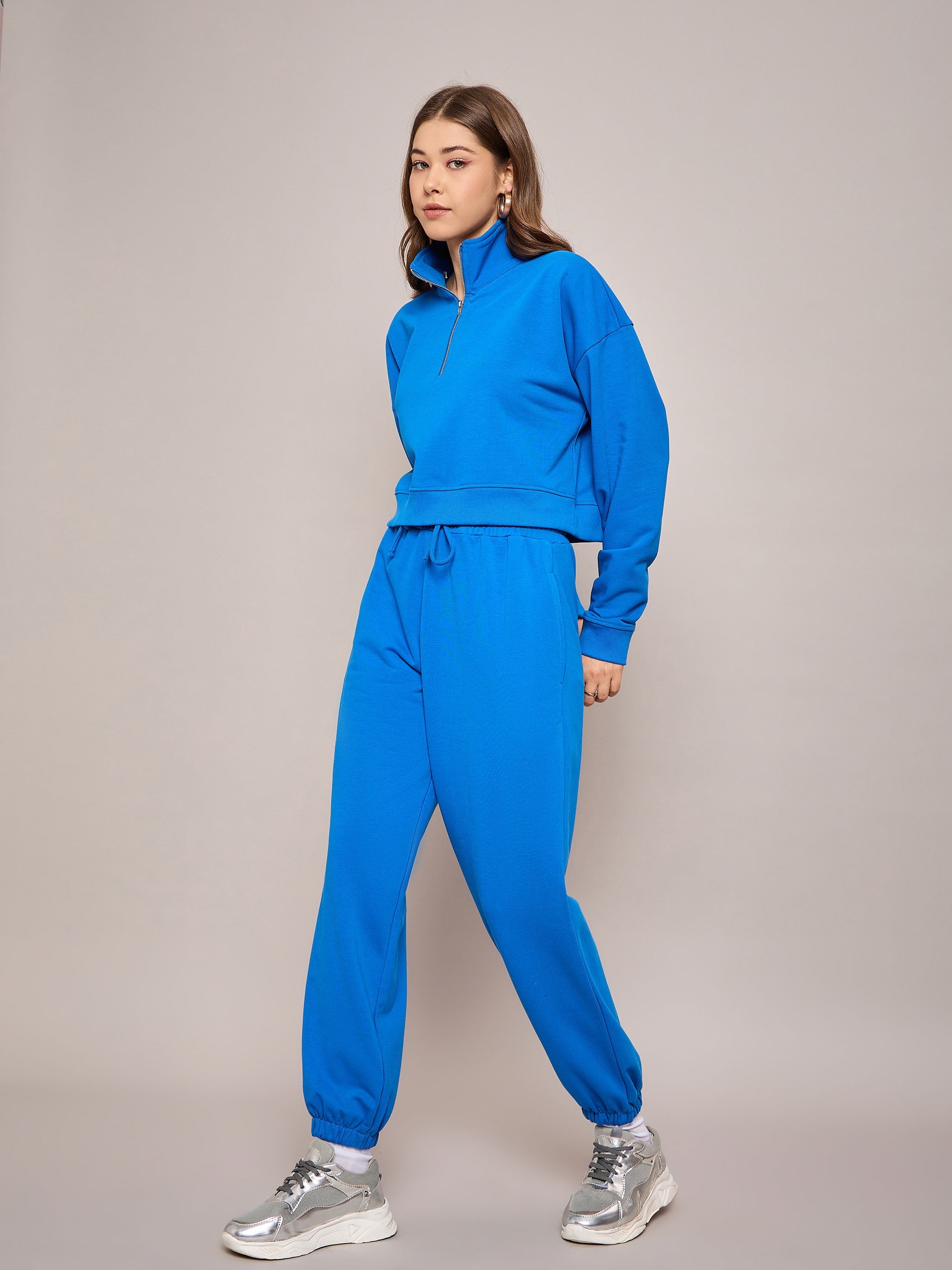 Women Royal Blue Terry Oversized Zipper Sweatshirt With Baggy Joggers-SFSWSH7633_SFPANT50994