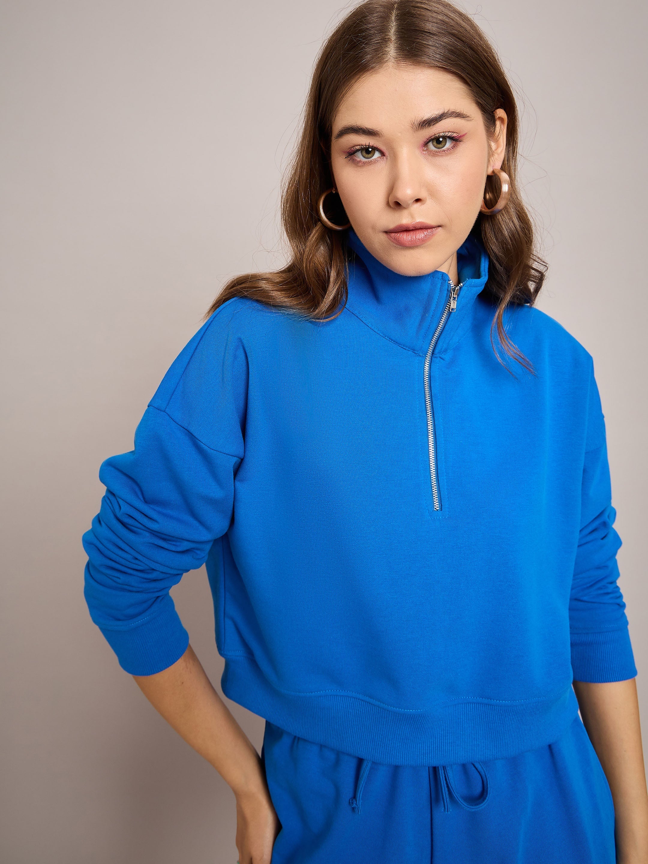 Women Royal Blue Terry Oversized Zipper Sweatshirt With Baggy Joggers-SFSWSH7633_SFPANT50994