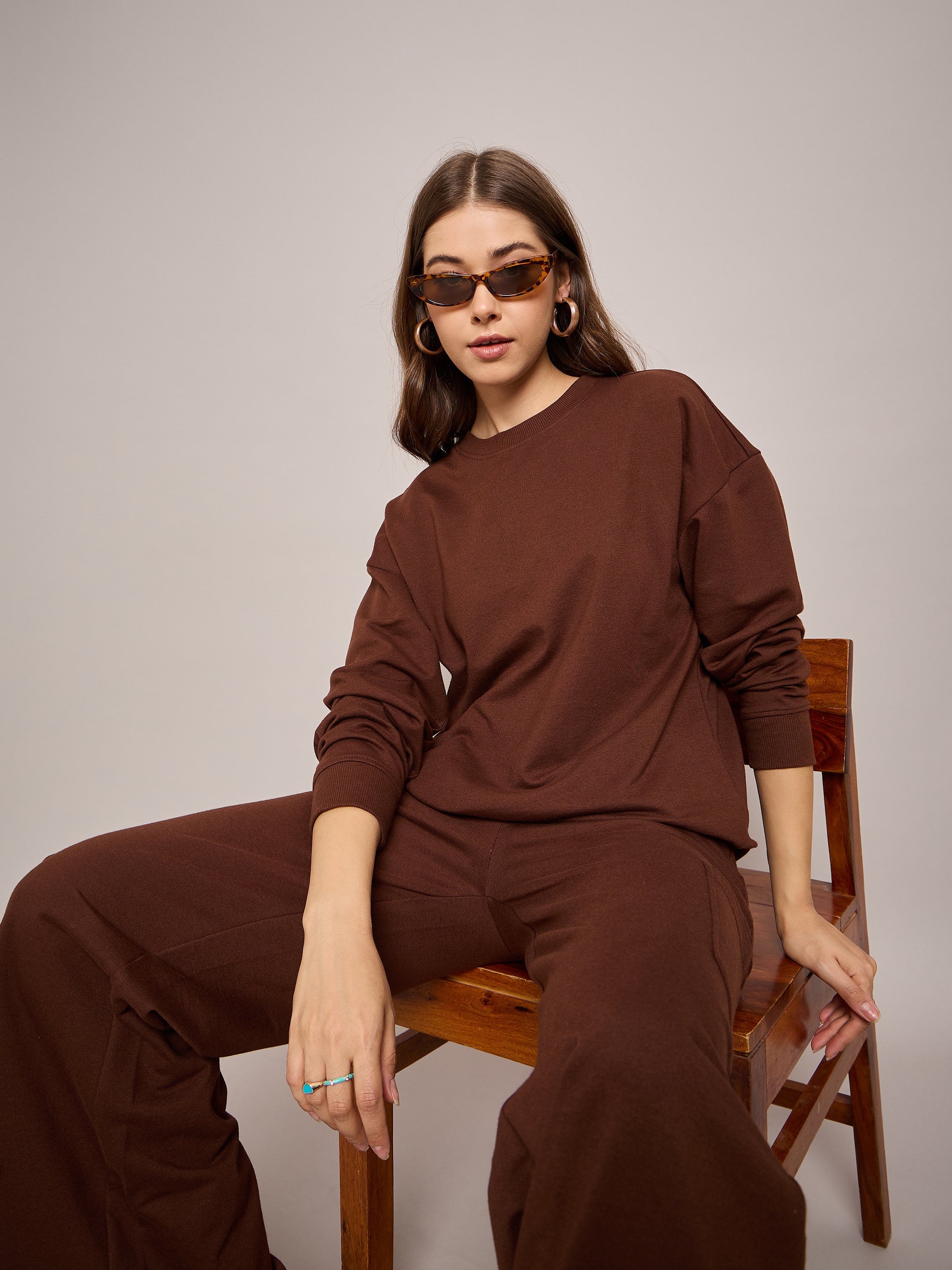 Women Brown Terry Oversized Sweatshirt With Wide Leg Track Pants-SFSWSH7634_SFPANT50997