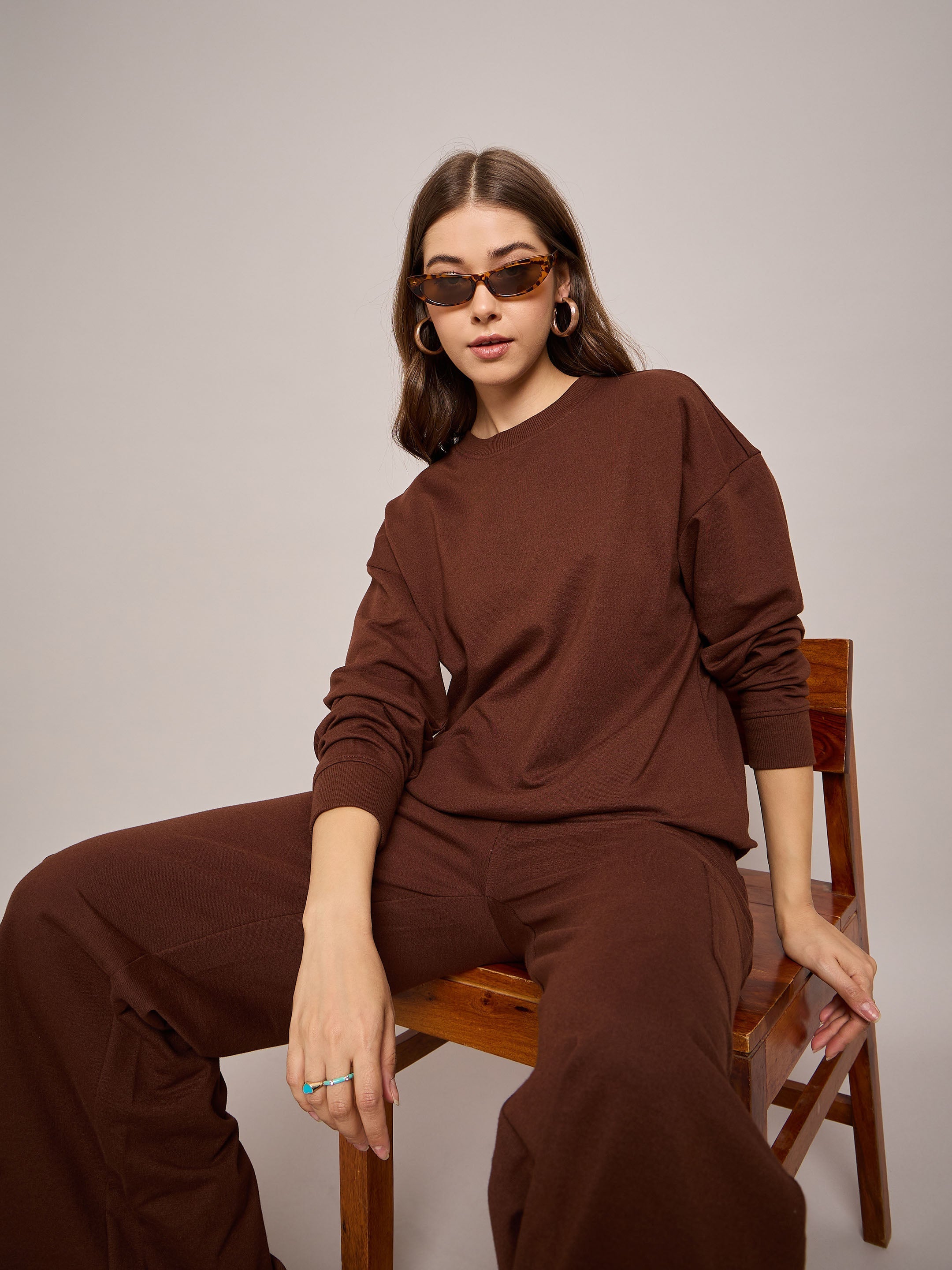 Women Brown Terry Oversized Sweatshirt With Wide Leg Track Pants-SFSWSH7634_SFPANT50997