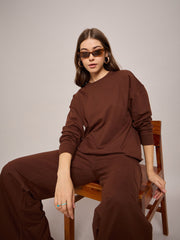 Women Brown Terry Oversized Sweatshirt With Wide Leg Track Pants-SFSWSH7634_SFPANT50997