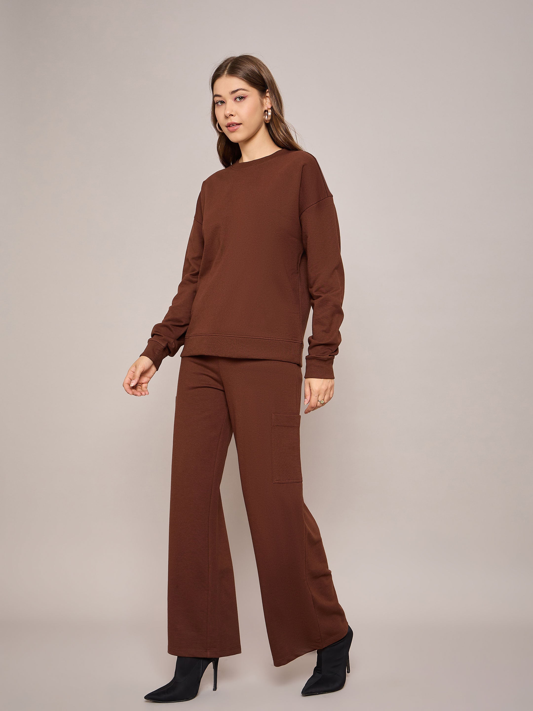 Women Brown Terry Oversized Sweatshirt With Wide Leg Track Pants-SFSWSH7634_SFPANT50997