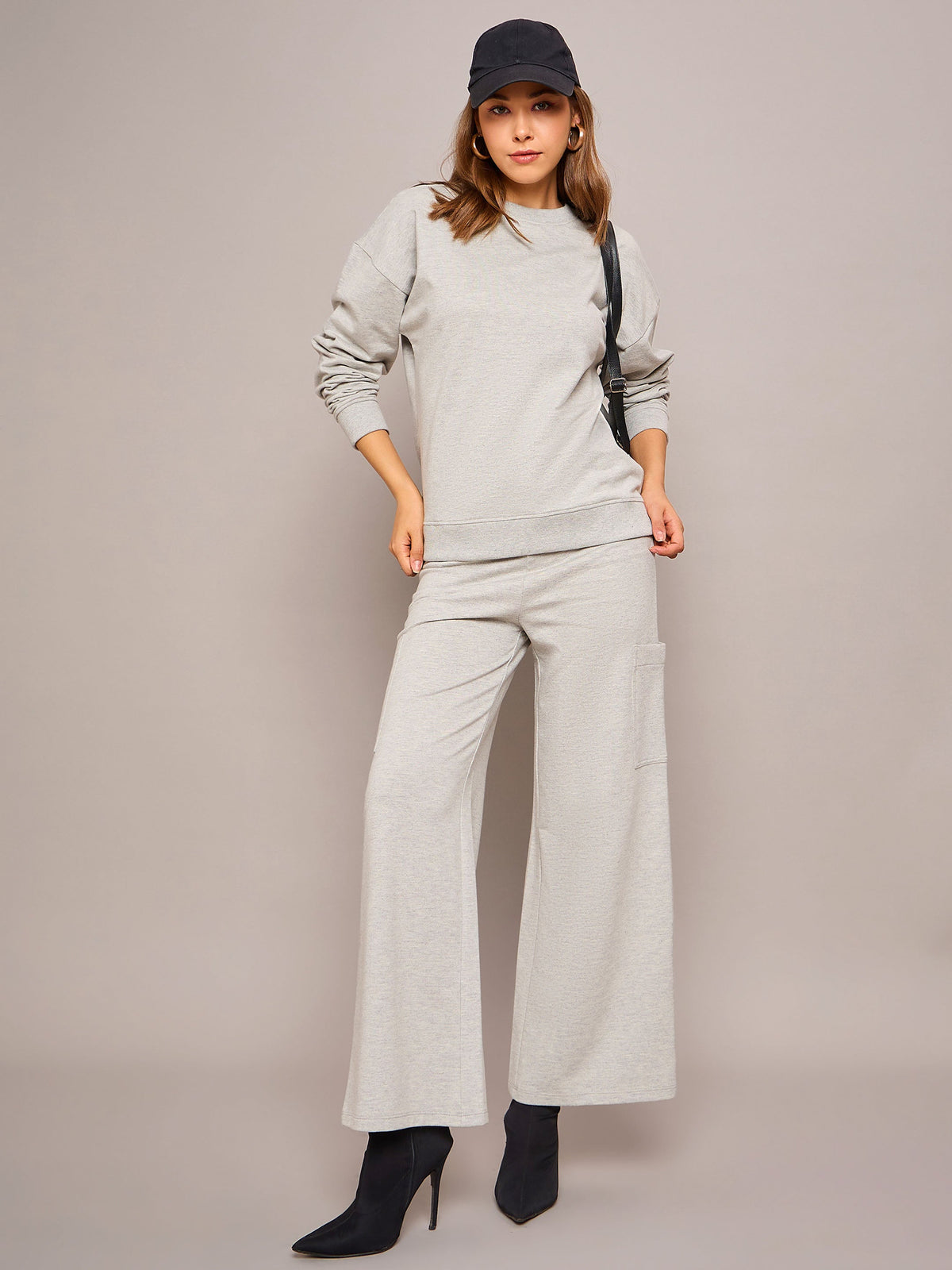 Women Grey Melange Terry Oversized Sweatshirt With Wide Leg Track Pants-SFSWSH7635_SFPANT50998