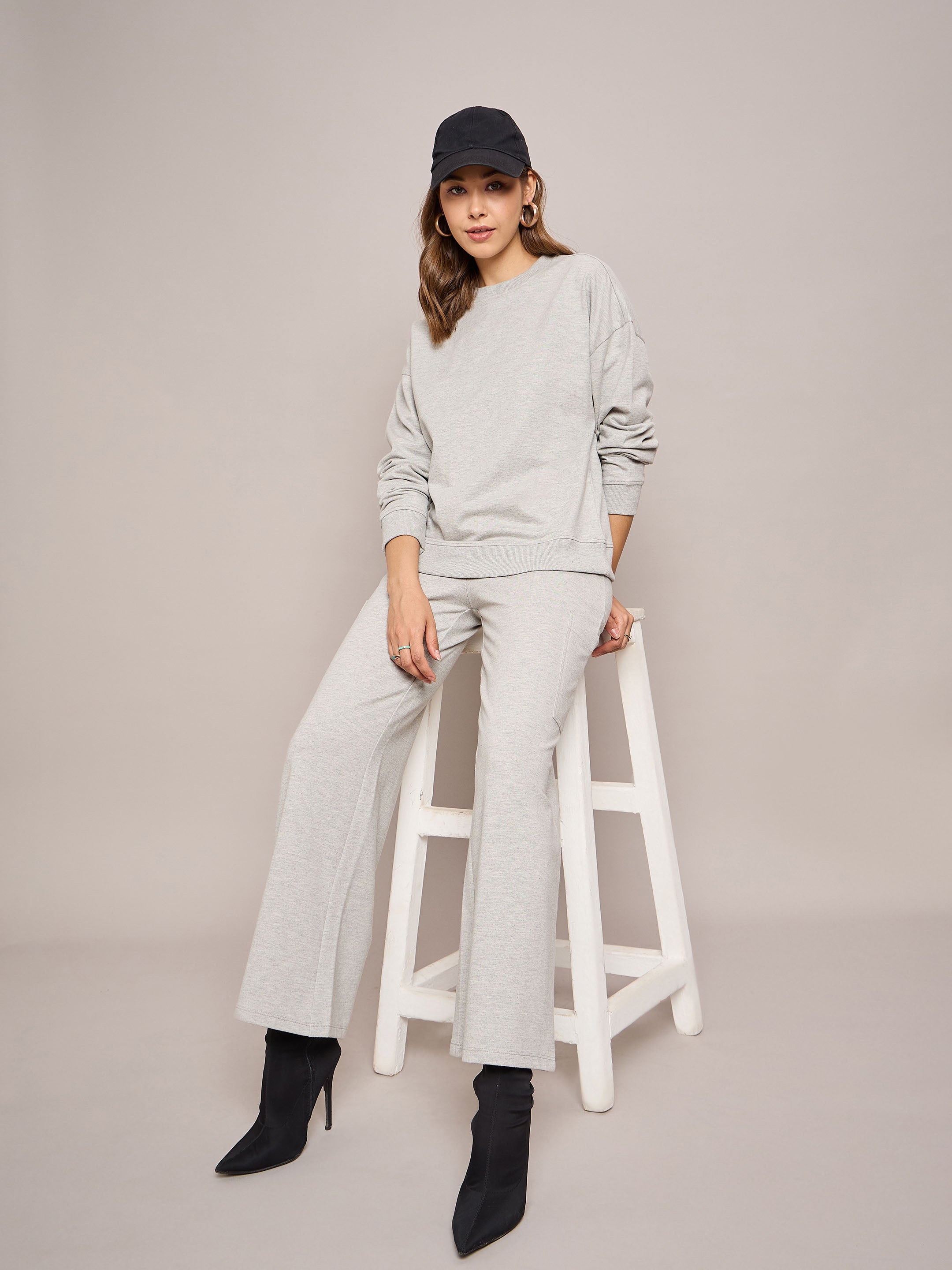 Women Grey Melange Terry Oversized Sweatshirt With Wide Leg Track Pants-SFSWSH7635_SFPANT50998