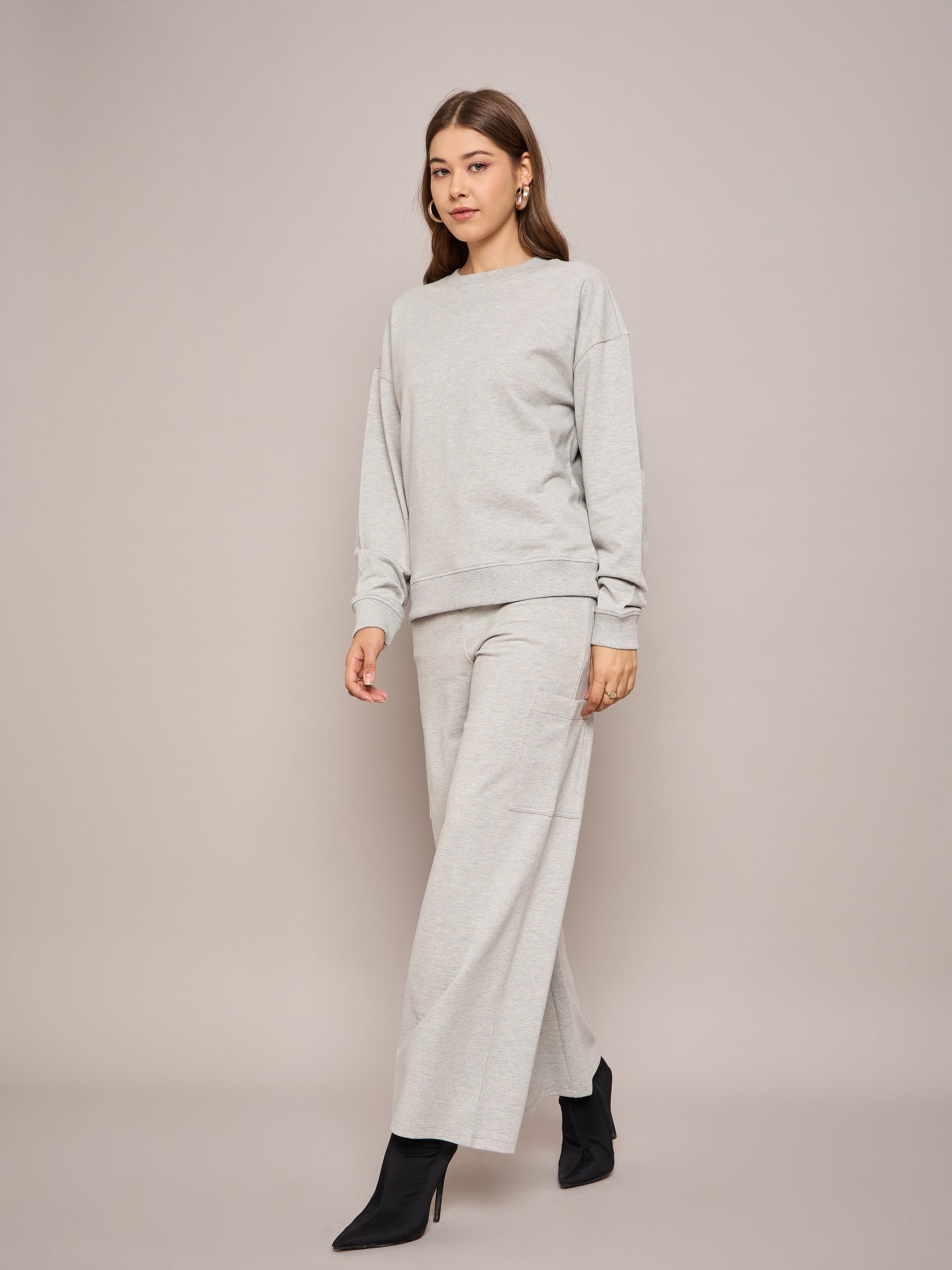 Women Grey Melange Terry Oversized Sweatshirt With Wide Leg Track Pants-SFSWSH7635_SFPANT50998