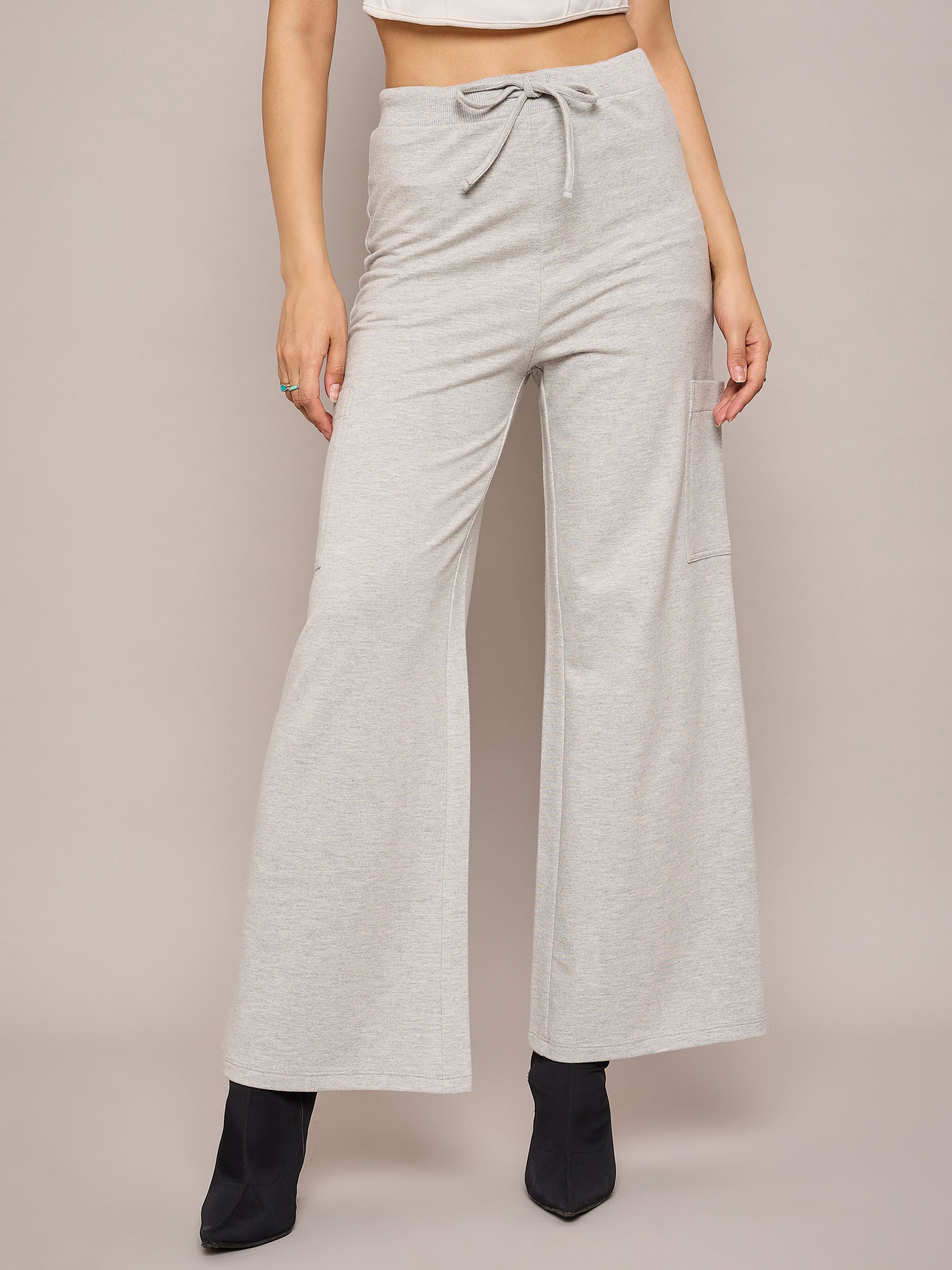 Women Grey Melange Terry Oversized Sweatshirt With Wide Leg Track Pants-SFSWSH7635_SFPANT50998