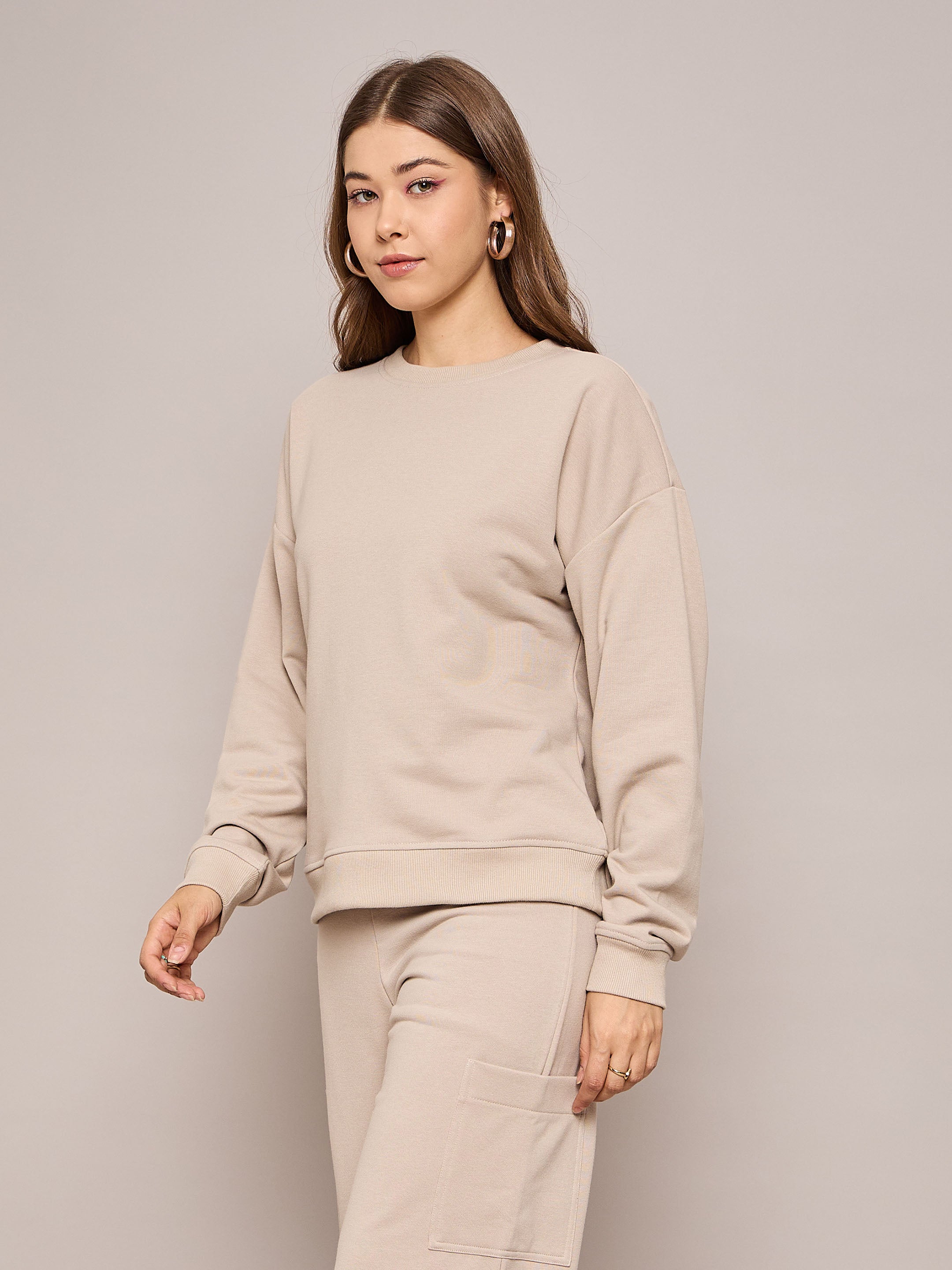 Women Taupe Terry Oversized Sweatshirt-SFSWSH7636