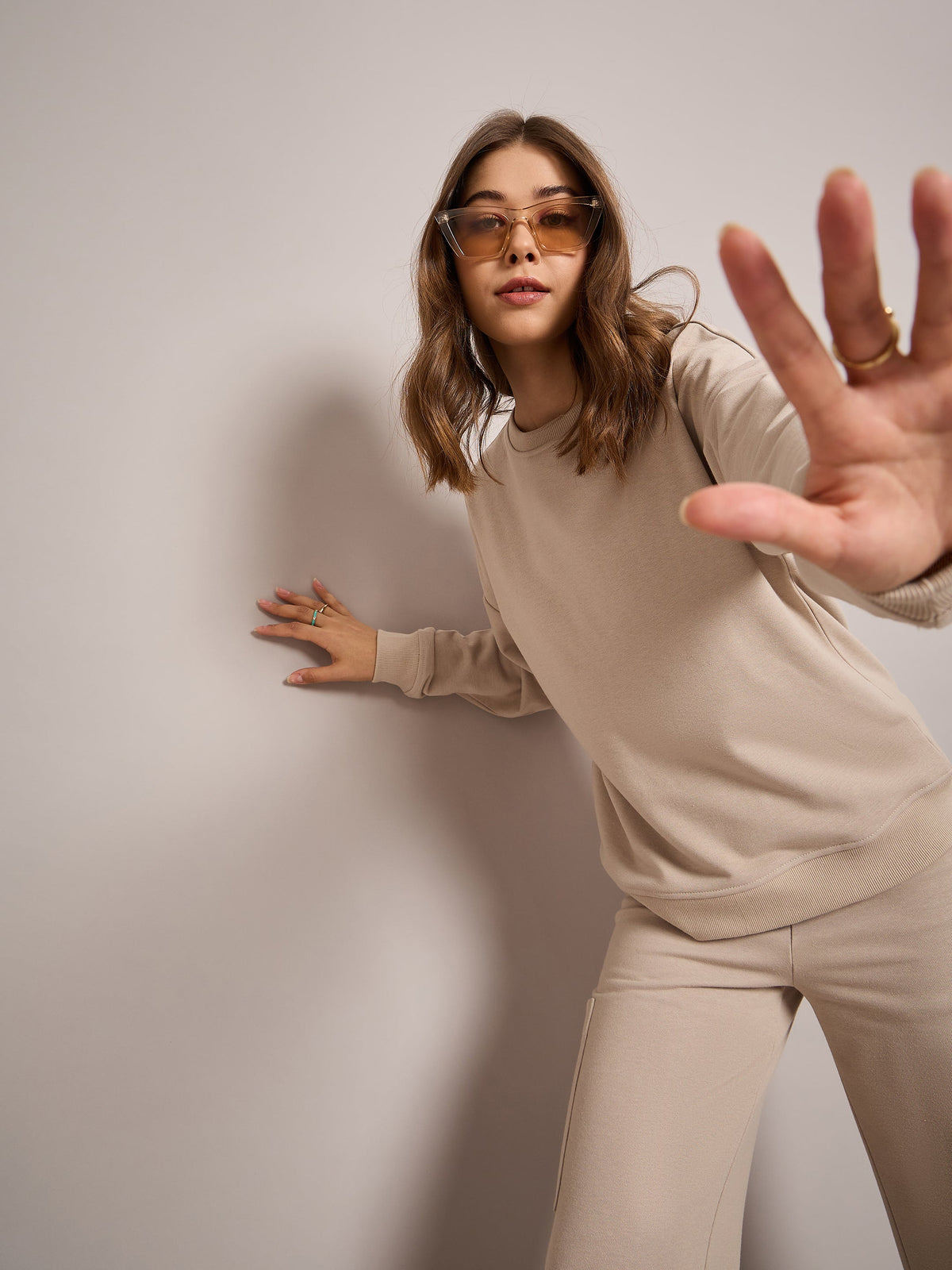 Women Taupe Terry Oversized Sweatshirt With Wide Leg Track Pants-SFSWSH7636_SFPANT50999