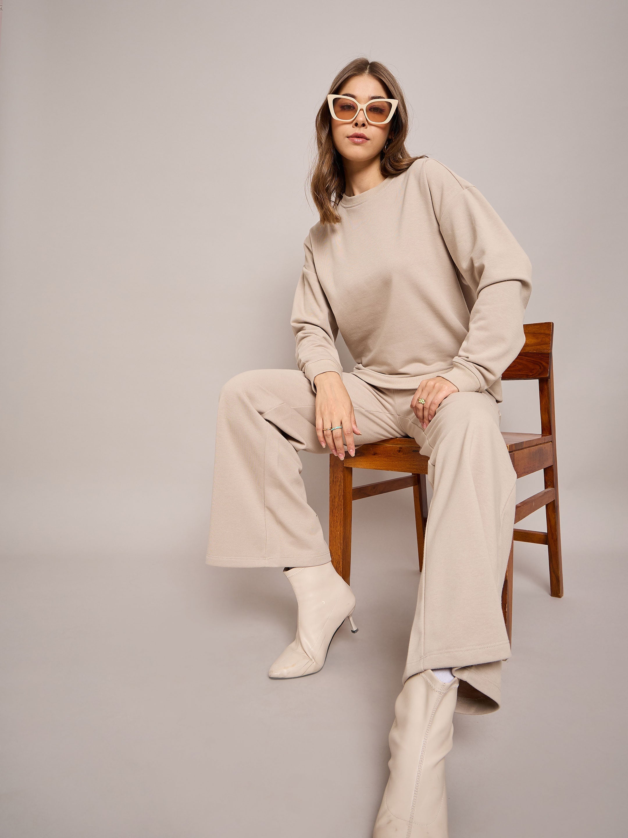 Women Taupe Terry Oversized Sweatshirt With Wide Leg Track Pants-SFSWSH7636_SFPANT50999